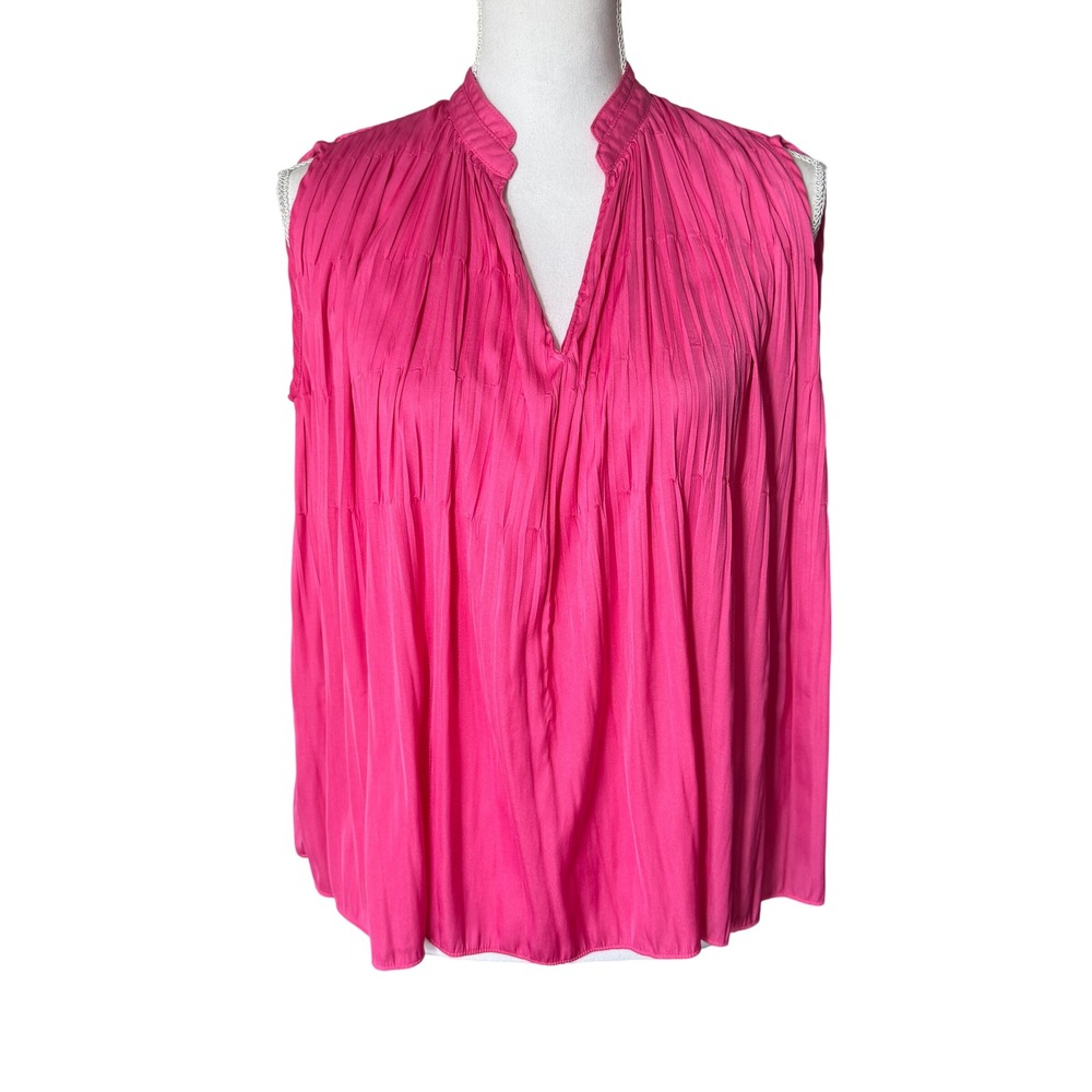 Current Air Los Angeles Hot‎ Pink Pleated Sleeveless Split Neck Blouse XS